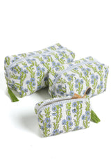 Forget-Me-Not Block Print Makeup Bag in Blue: Set of 3