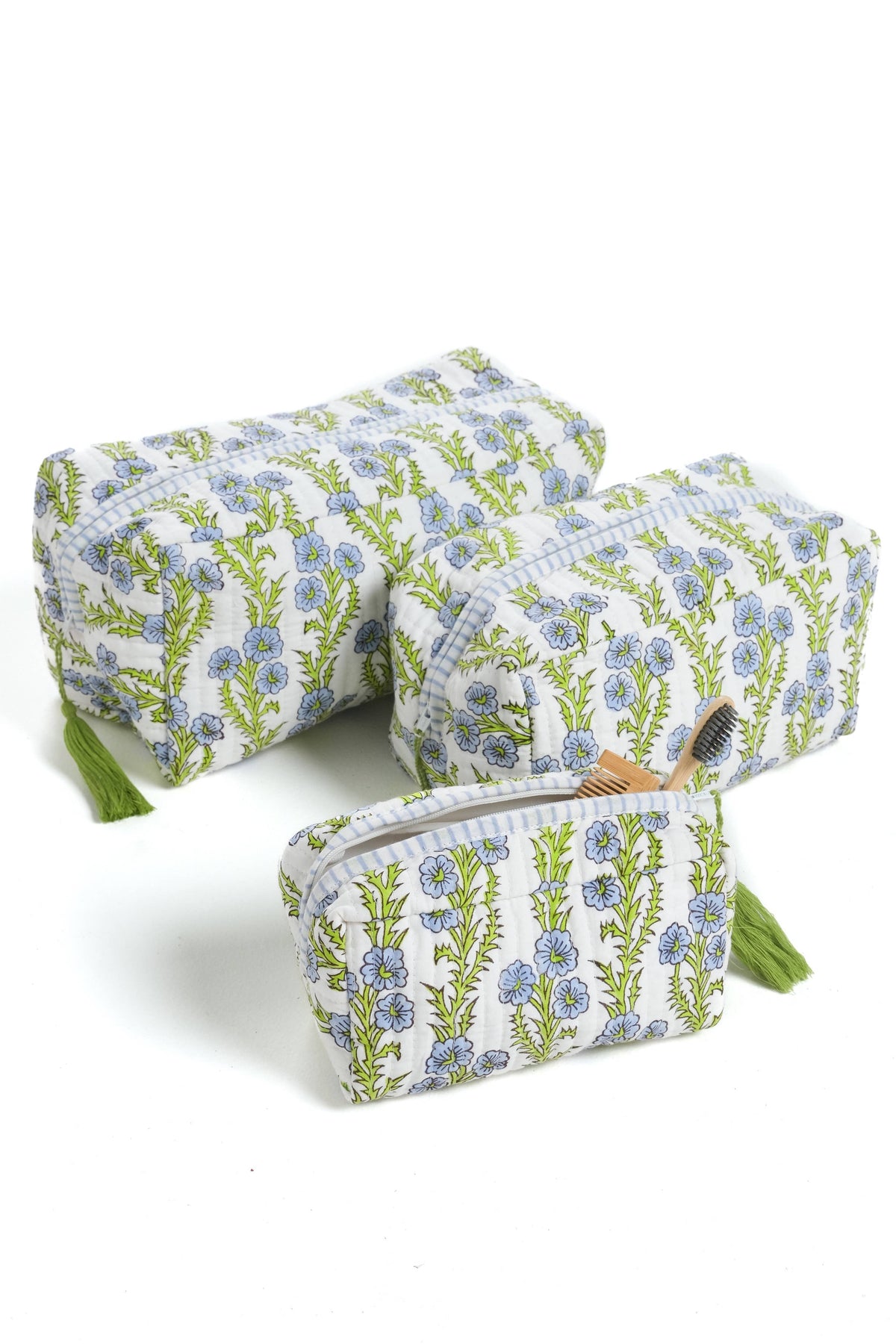 Forget-Me-Not Block Print Makeup Bag in Blue: Set of 3