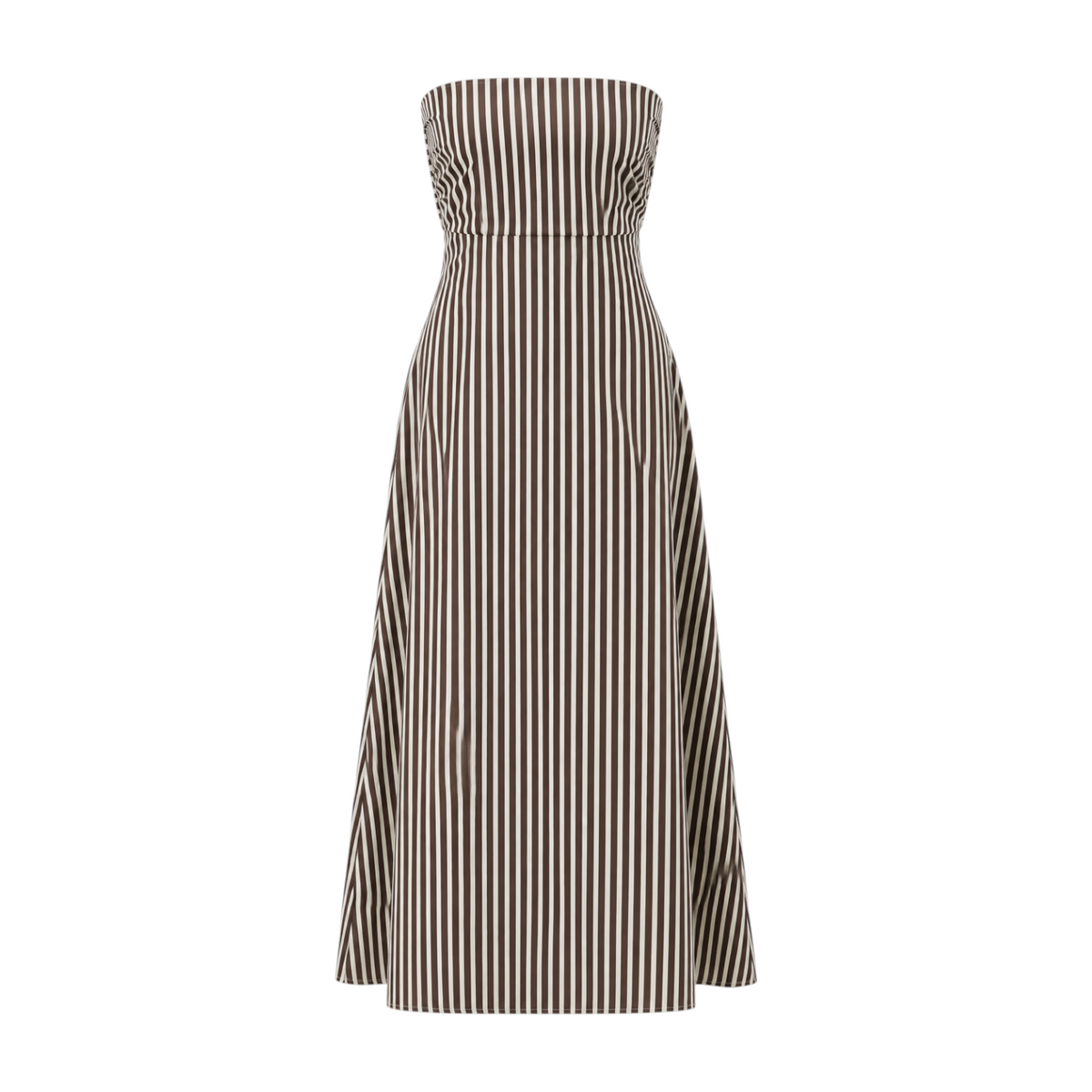 The Tiny Finch Casimiro strapless midi dress in brown and white vertical stripe cotton with a flattering A-line skirt.