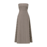 The Tiny Finch Casimiro strapless midi dress in brown and white vertical stripe cotton with a flattering A-line skirt.