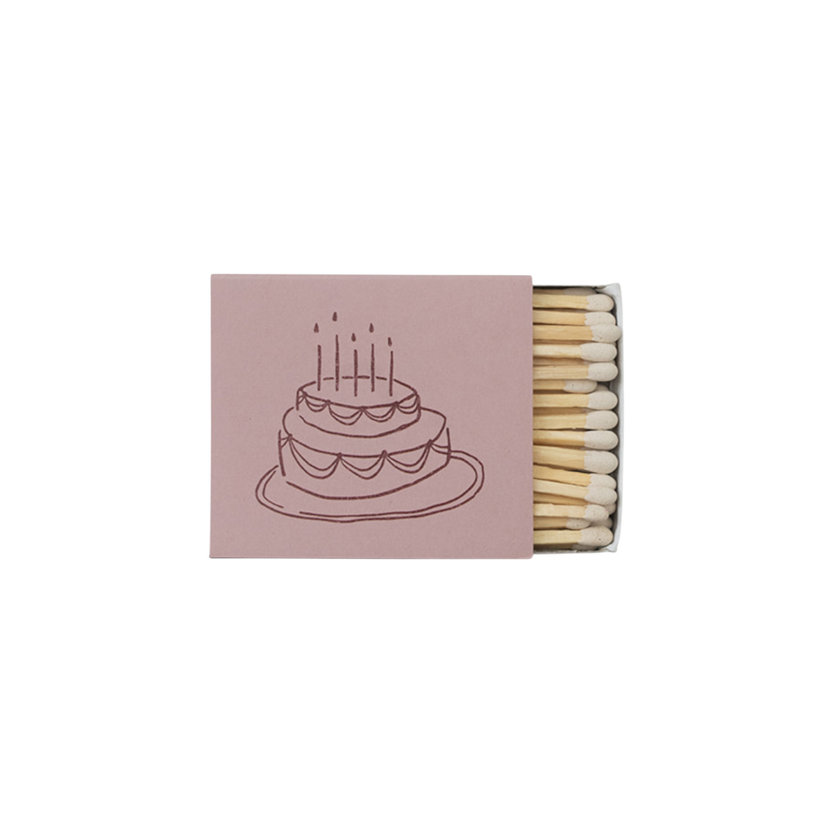 The Tiny Finch matchbox in dusty pink featuring a whimsical brown line-art illustration of a birthday cake.