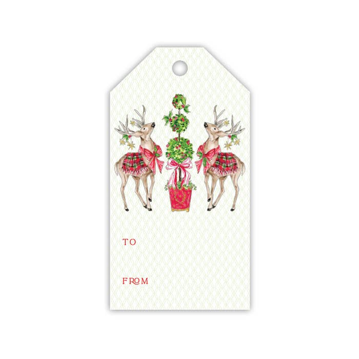 Reindeer with Big Red Bow Red Chinoiserie Pot Gift Tag