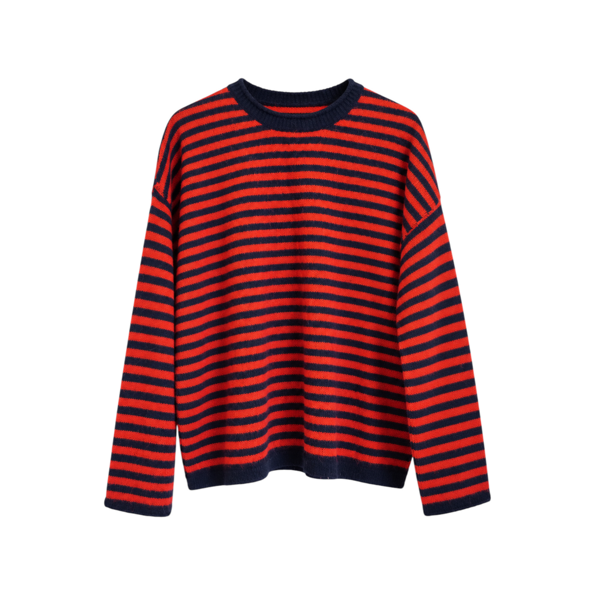 The Tiny Finch Zaya pullover sweater featuring a navy and red horizontal striped pattern with a crew neckline.