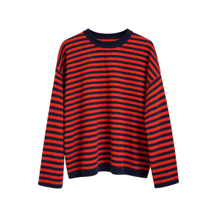 The Tiny Finch Zaya pullover sweater featuring a navy and red horizontal striped pattern with a crew neckline.