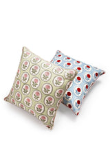 English Rose Blockprint Pillow Cover in Blue and Red: Blue / Pillow Cover