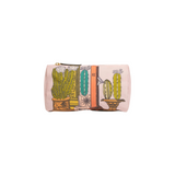 The Tiny Finch small pink nylon pouch featuring a colorful illustrated cactus and architectural print with leather trim