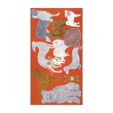 The Tiny Finch orange cotton scarf featuring a whimsical illustration of various dog breeds in a detailed print.