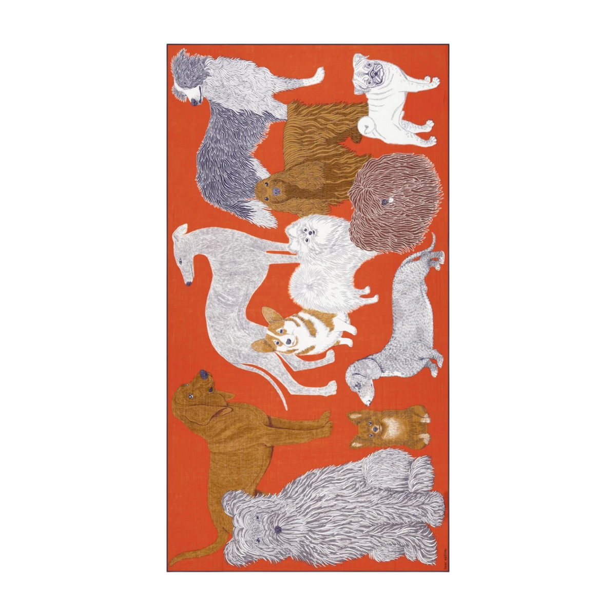 The Tiny Finch orange cotton scarf featuring a whimsical illustration of various dog breeds in a detailed print.