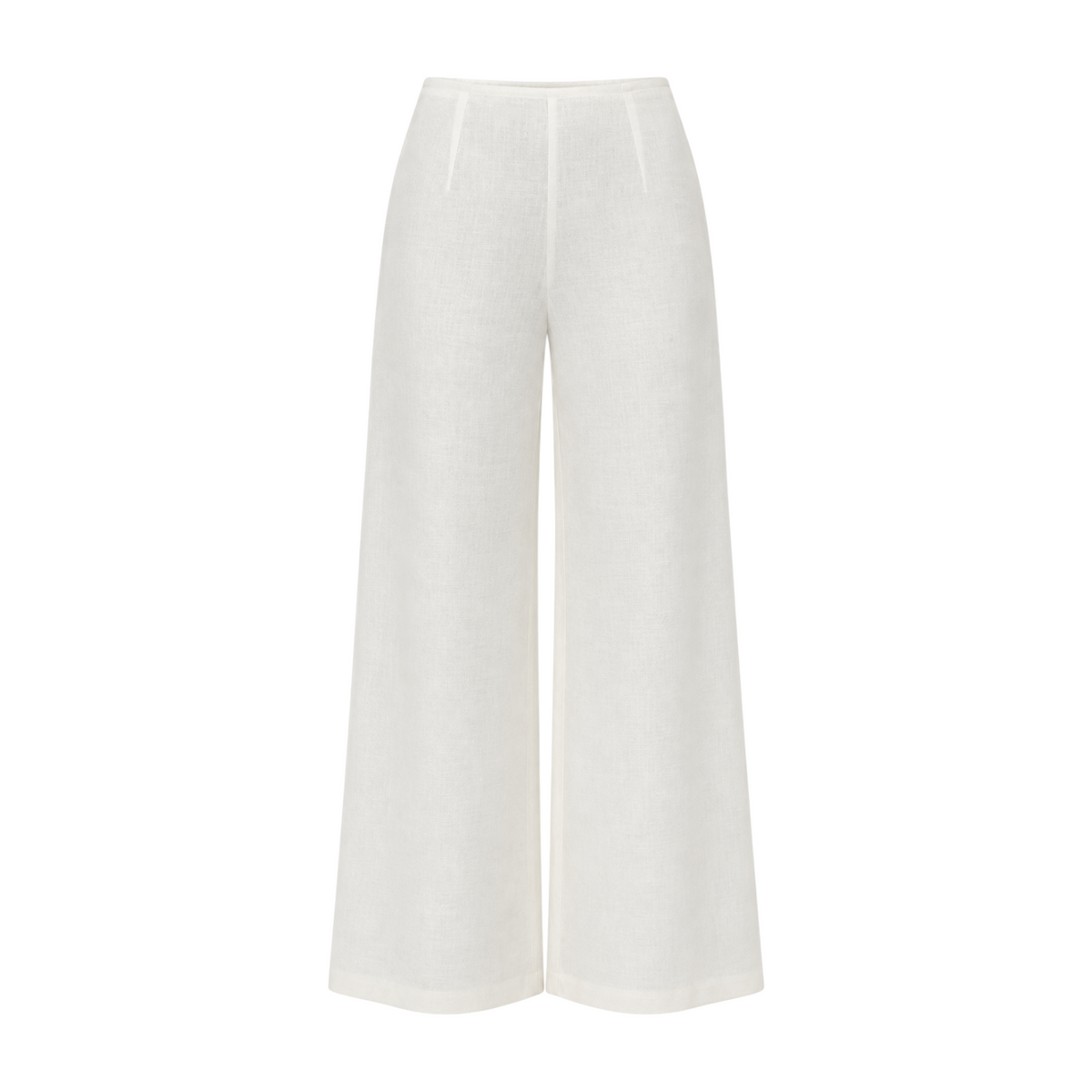 The Tiny Finch white high-waisted wide-leg linen pants with a flared hem and clean minimalist silhouette.