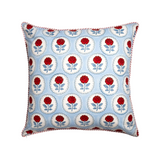 The Tiny Finch English Rose block-printed cotton pillow cover with red roses on a blue scalloped medallion background.