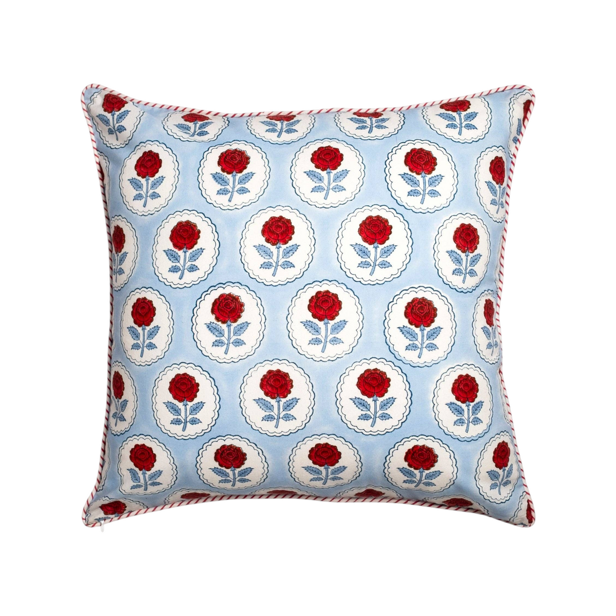 The Tiny Finch English Rose block-printed cotton pillow cover with red roses on a blue scalloped medallion background.