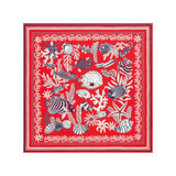 The Tiny Finch Inoui Editions Neptune red square scarf in cotton and silk with a detailed marine life print.