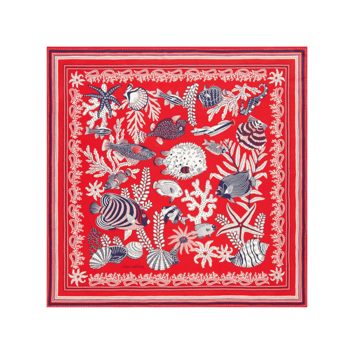 The Tiny Finch Inoui Editions Neptune red square scarf in cotton and silk with a detailed marine life print.