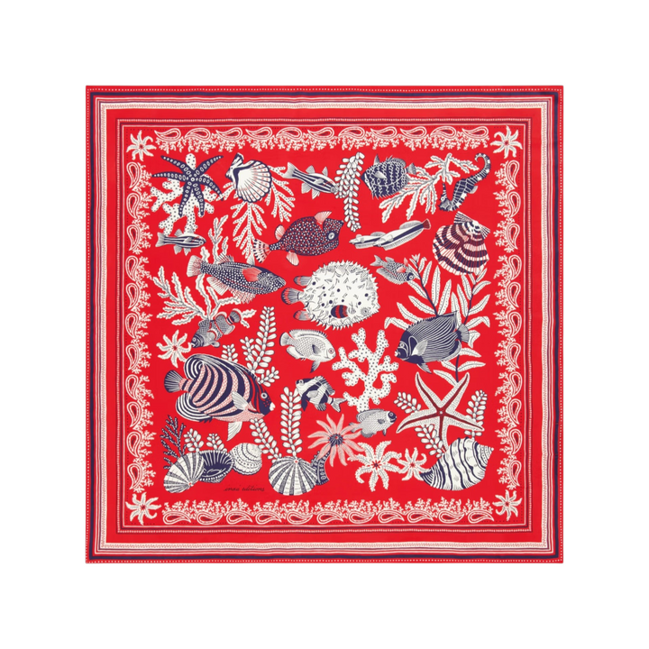 The Tiny Finch Inoui Editions Neptune red square scarf in cotton and silk with a detailed marine life print.