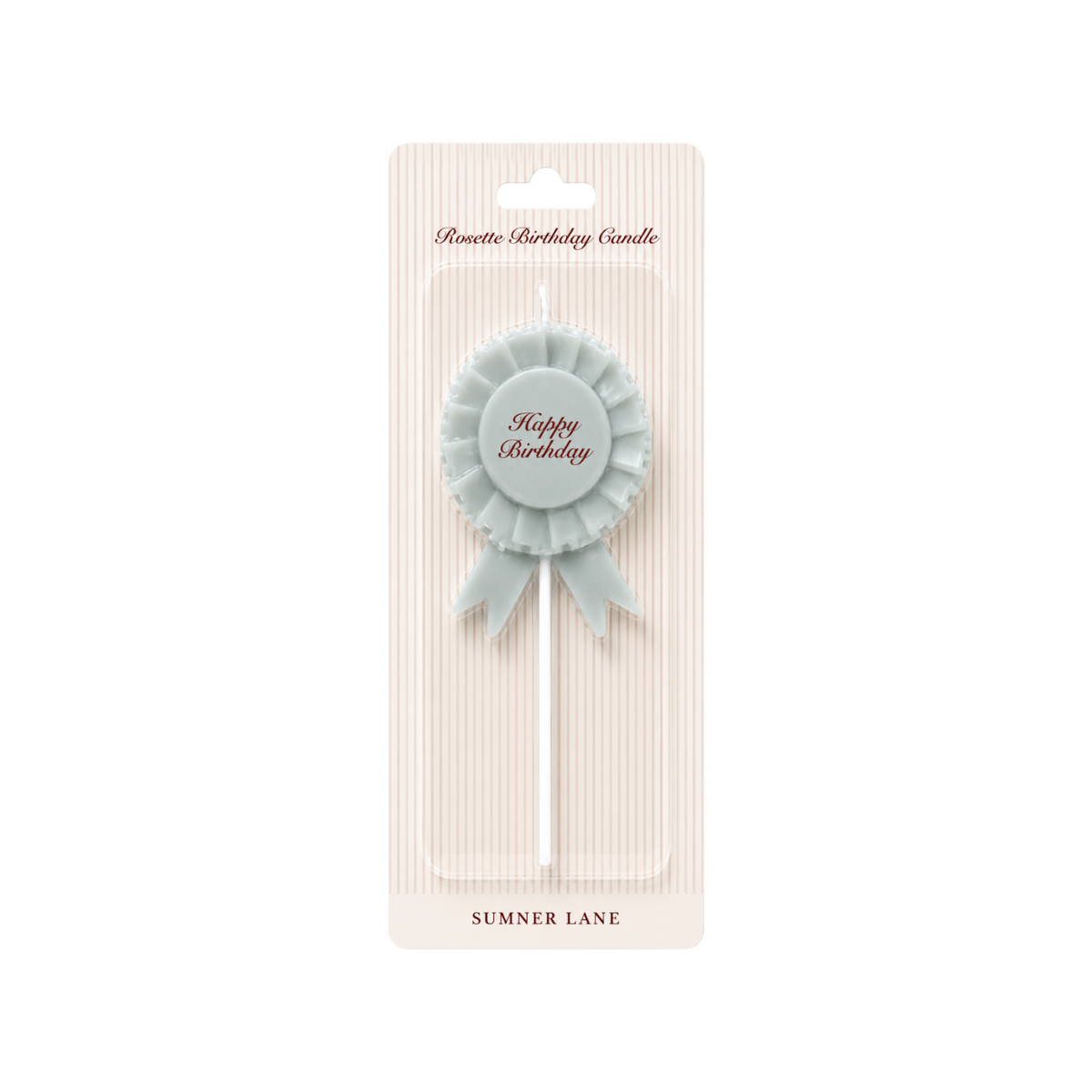 The Tiny Finch French blue rosette birthday candle with Happy Birthday script lettering in vintage ribbon style