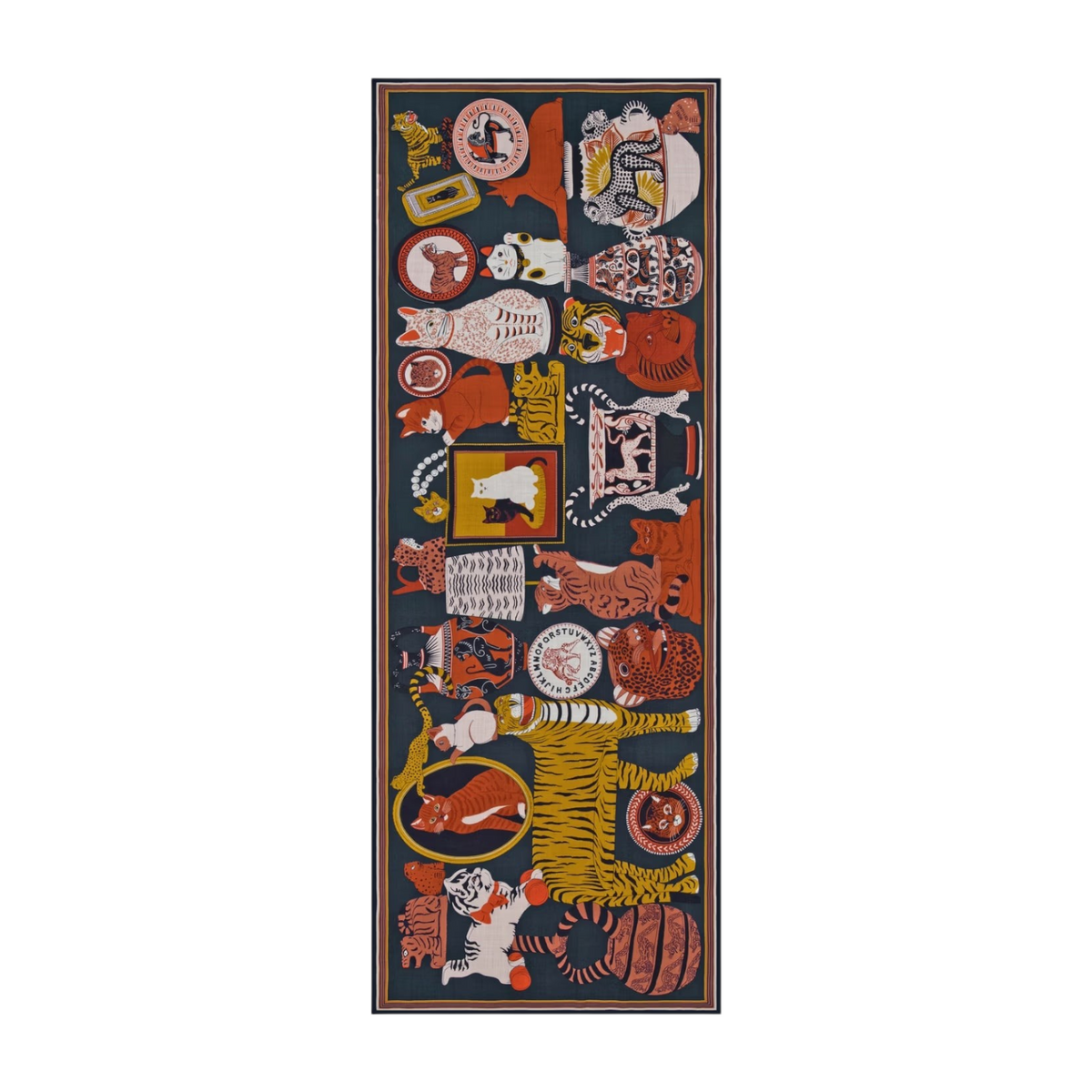The Tiny Finch Inoui Editions Collectionneur wool scarf in duck blue with whimsical cat and tiger illustrations.