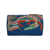 The Tiny Finch Pouch Croco Multi Medium in blue recycled polyester with a colorful crocodile print and leather trim.