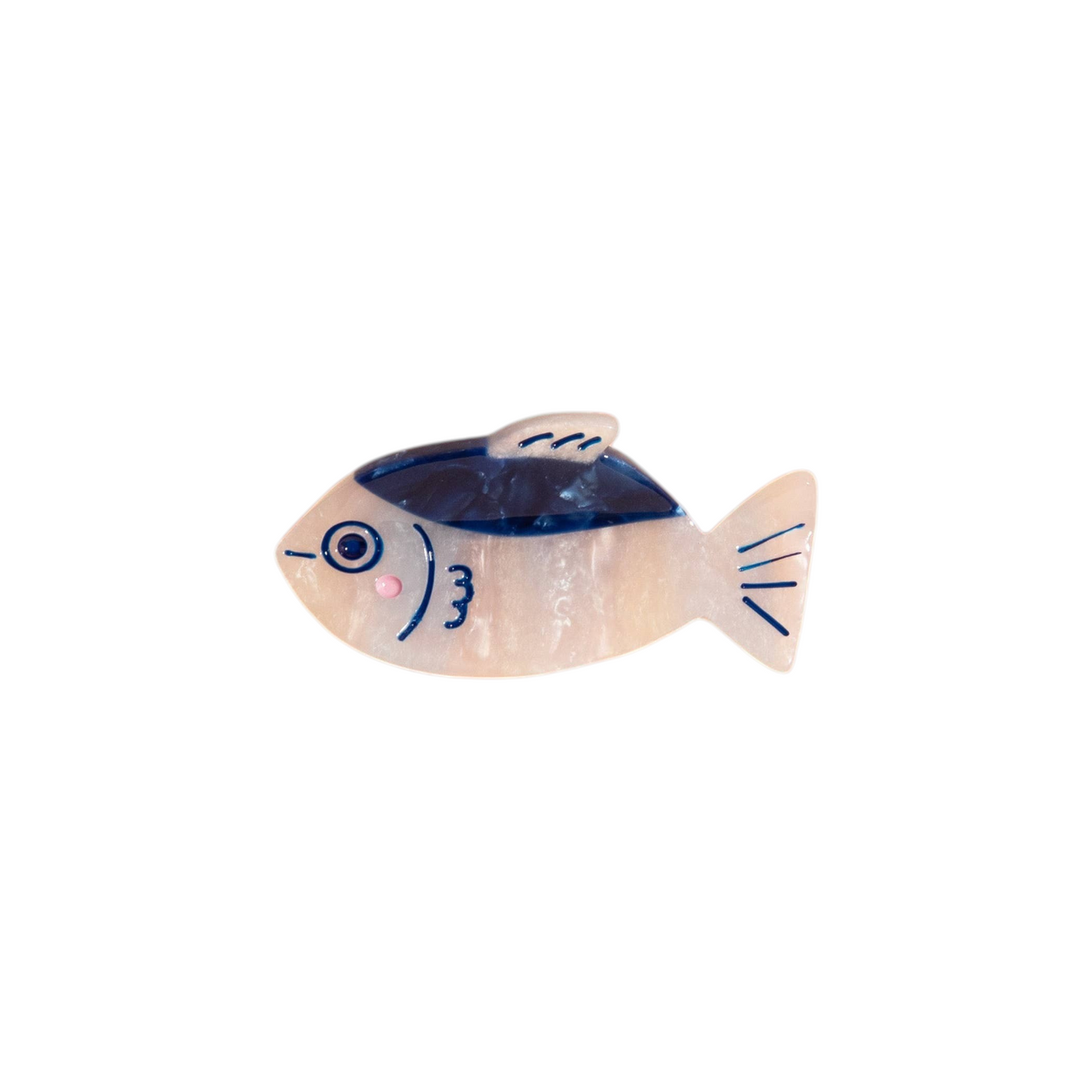 The Tiny Finch Dashi hair clip shaped like a small blue and white fish, made from durable cellulose acetate.