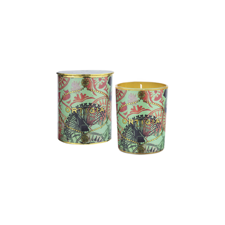 The Tiny Finch Fico d'India candle and decorative box featuring green Sicilian cactus print with gold foil details.