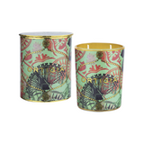 The Tiny Finch Fico d'India scented candle in a decorative green glass jar with gold foil details and matching lid