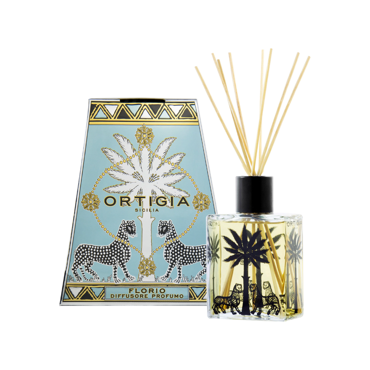 The Tiny Finch Florio reed diffuser with a decorative glass bottle and matching box featuring leopard and palm motifs.