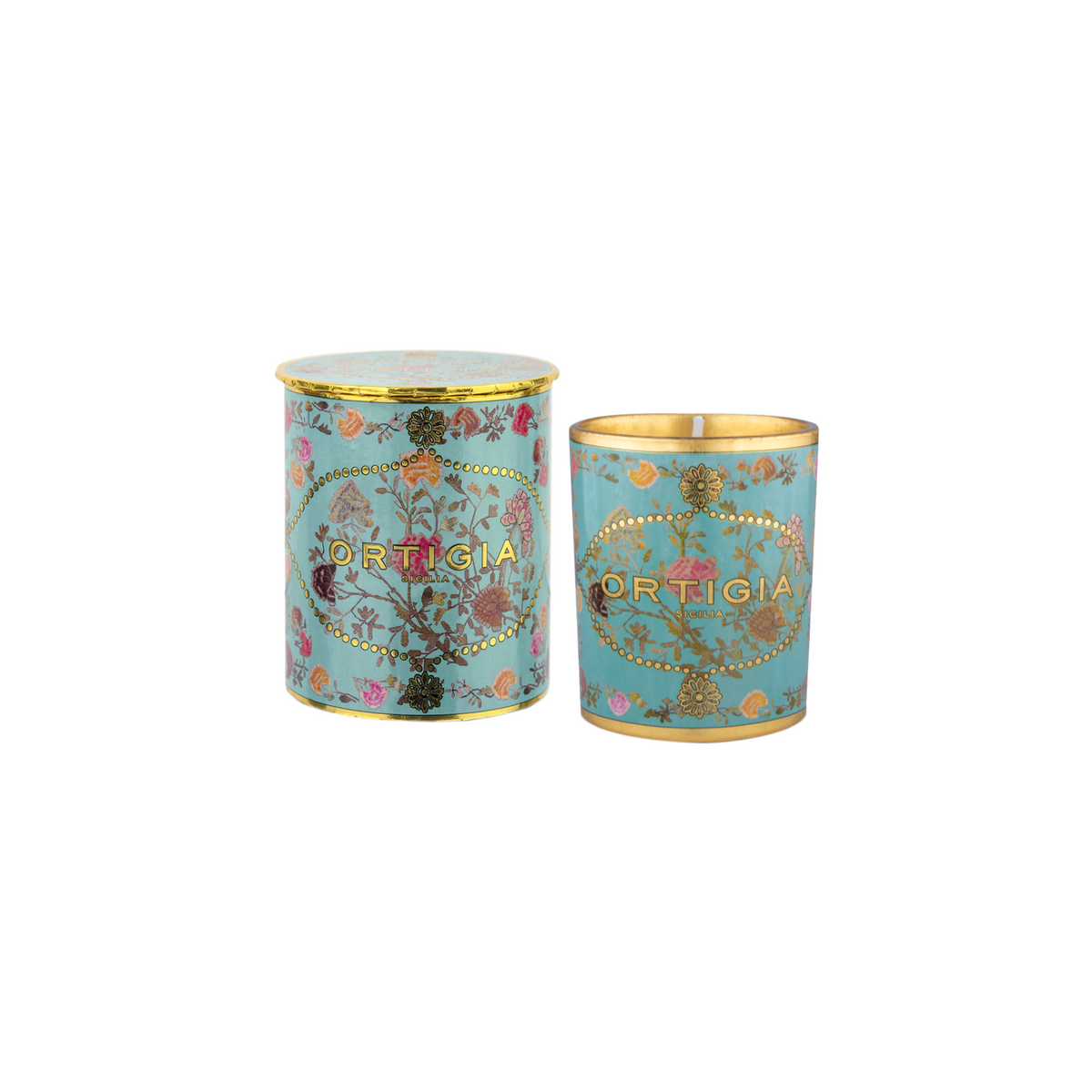The Tiny Finch Florio candle in a light blue glass jar with gold foil floral patterns and a matching decorative lid