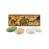 The Tiny Finch set of four assorted olive oil soaps in a decorative sliding box with colorful Sicilian animal art.