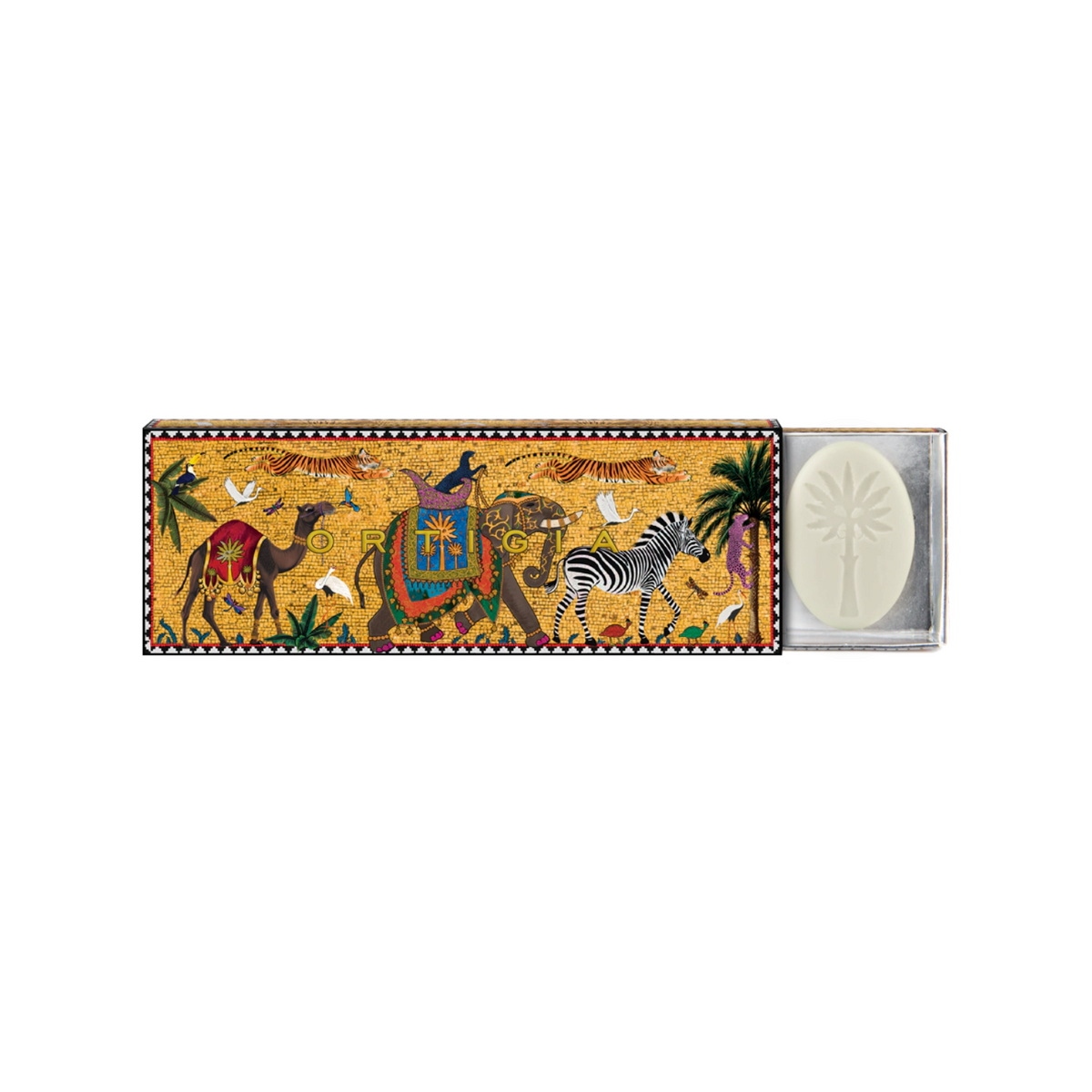 The Tiny Finch assorted olive oil soap set in a decorative sliding box featuring a vibrant Sicilian mosaic design.