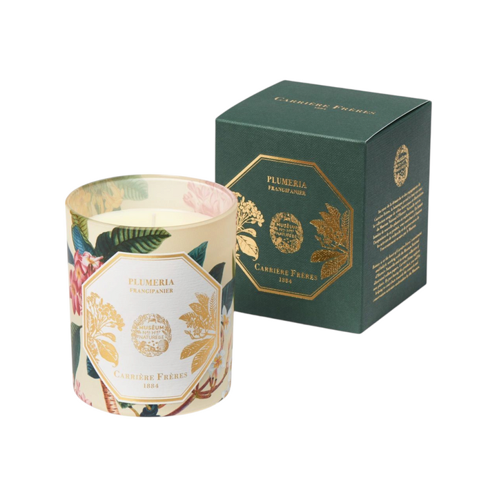 The Tiny Finch Carriere Freres Plumeria scented candle with botanical floral illustration and matching green box