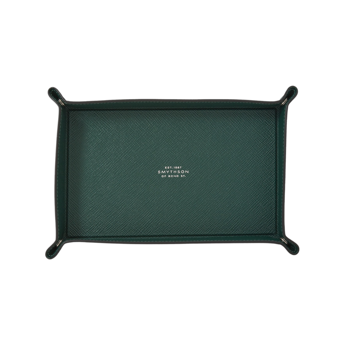 The Tiny Finch green crossgrain leather rectangular trinket tray with popper corners for desk organization
