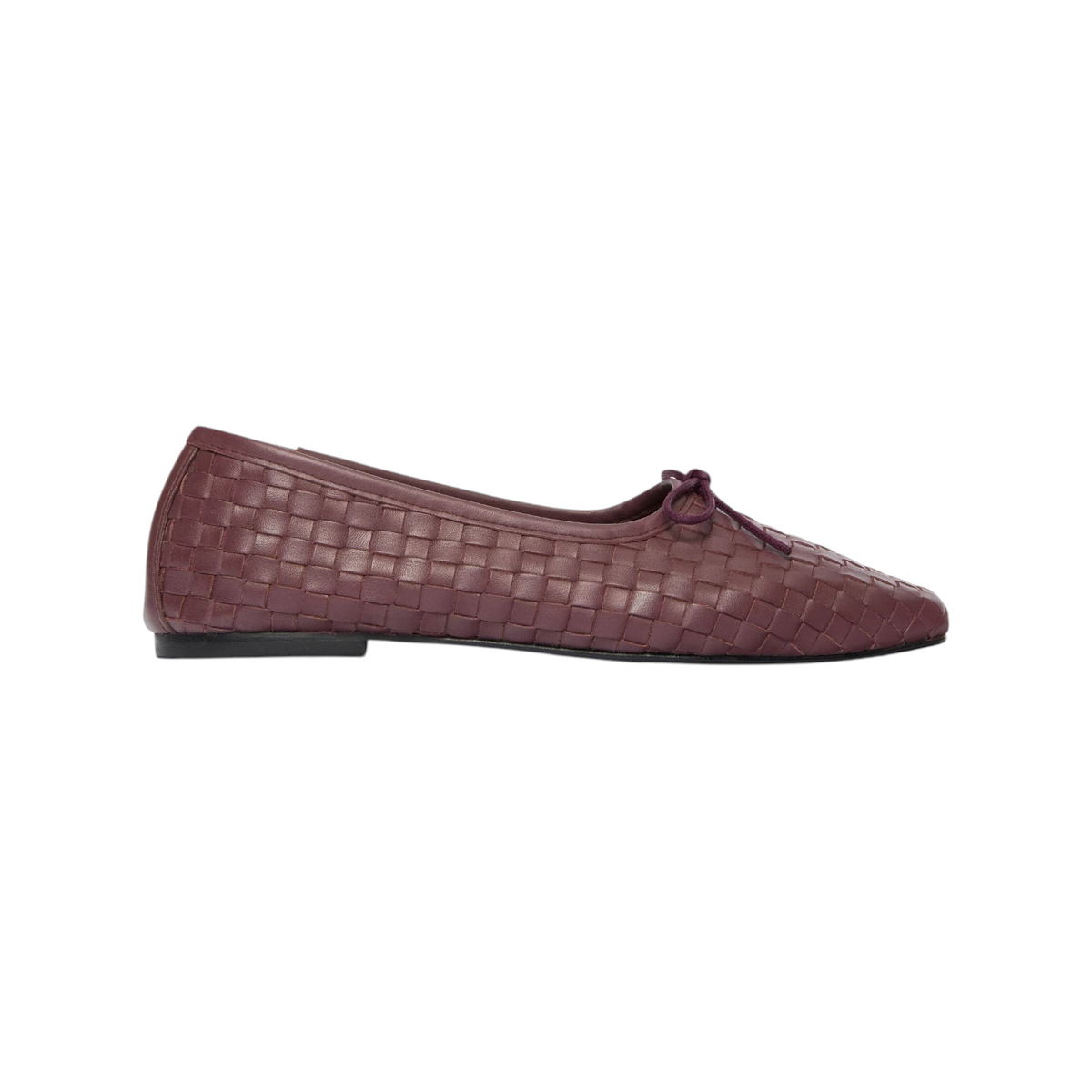 The Tiny Finch Jada woven ballet flat in cranberry leather with a delicate bow detail, handcrafted in Spain.