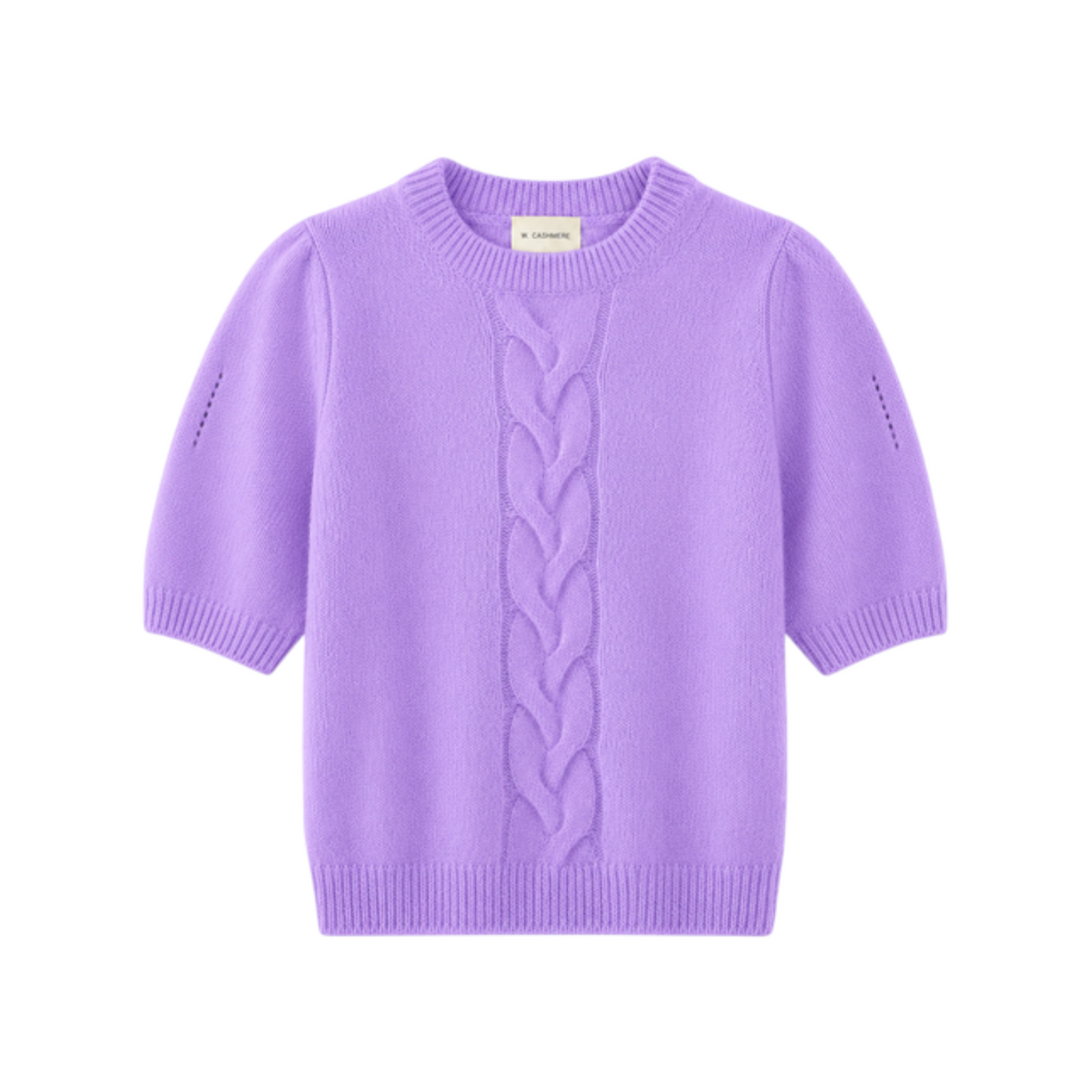 The Tiny Finch Jasmine short sleeve cashmere and silk sweater in amaranthine purple with a cable-knit front detail.
