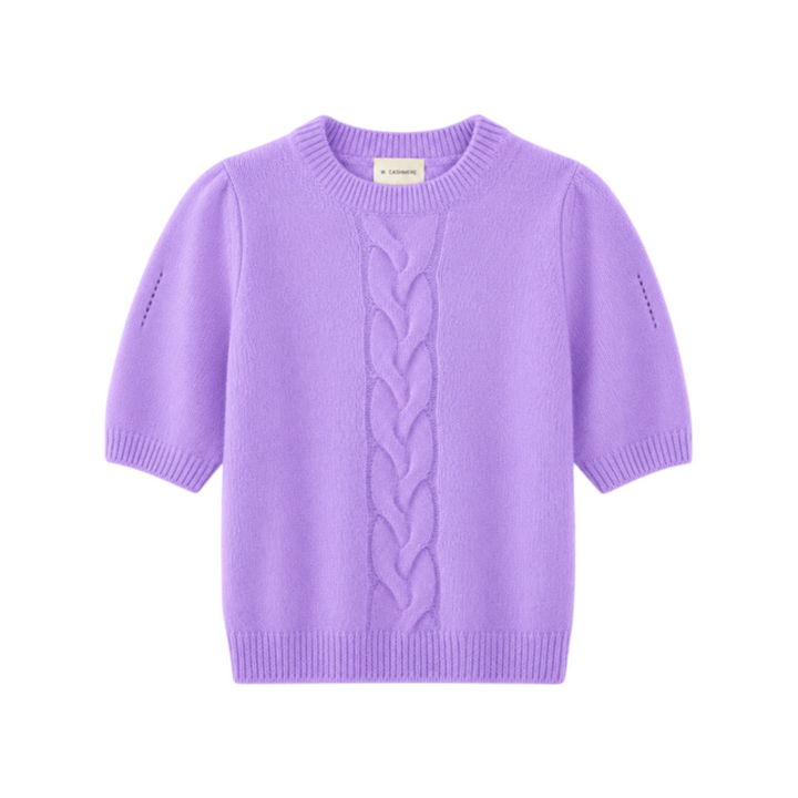 The Tiny Finch Jasmine short sleeve cashmere and silk sweater in amaranthine purple with a cable-knit front detail.