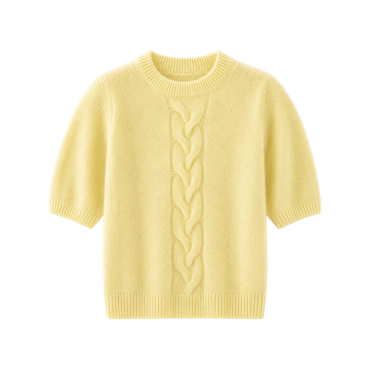 The Tiny Finch blonde cashmere and silk short sleeve sweater with a cable-knit front and crew neckline.