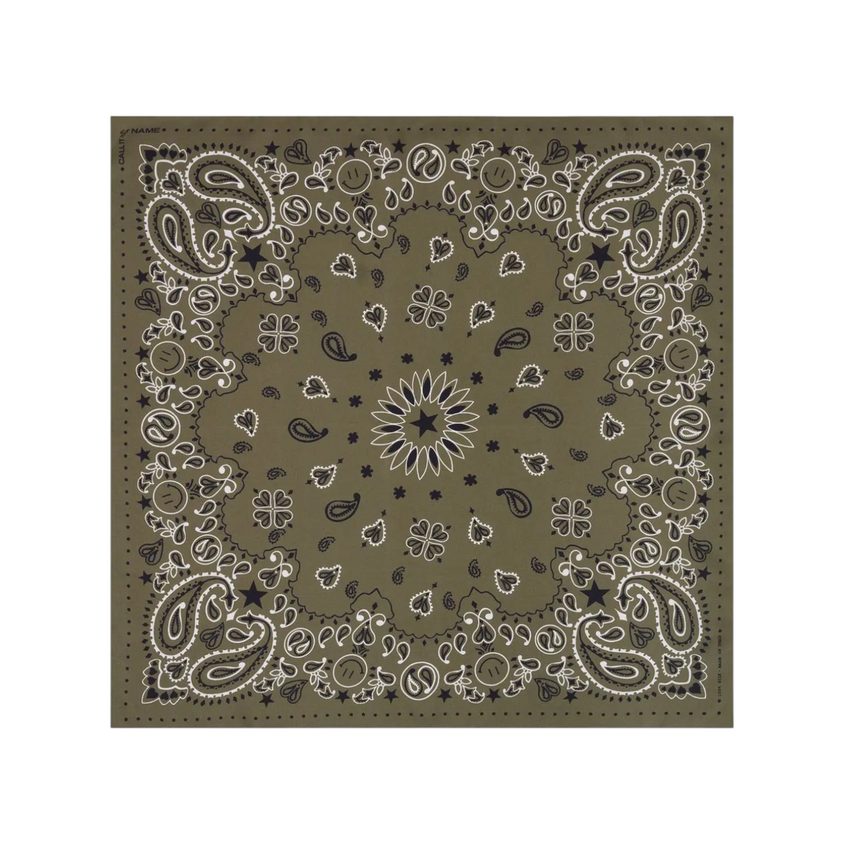 The Tiny Finch khaki green silk bandana featuring a white paisley and star print pattern in a square design.
