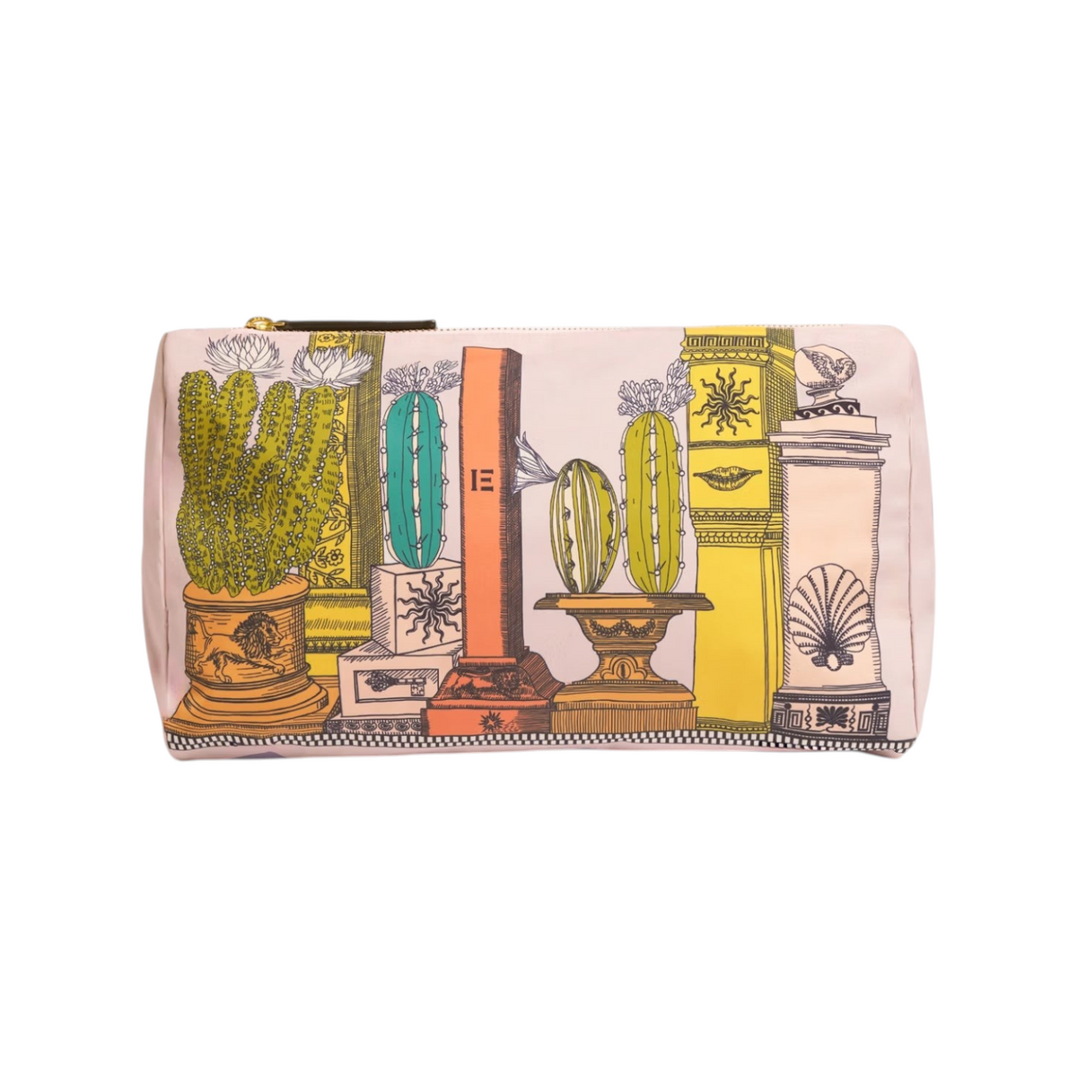 The Tiny Finch medium pouch in grapefruit pink recycled polyester with a whimsical cactus and architectural print.