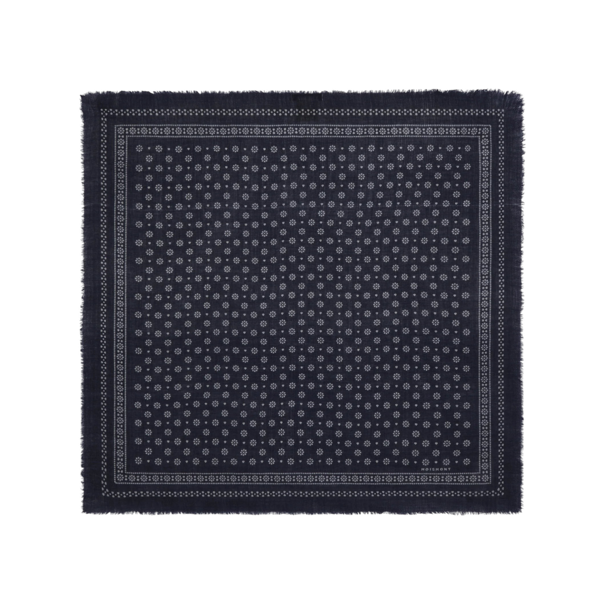 The Tiny Finch Moismont Olaf wool scarf in magic blue with white floral bandana print and fringed edges.