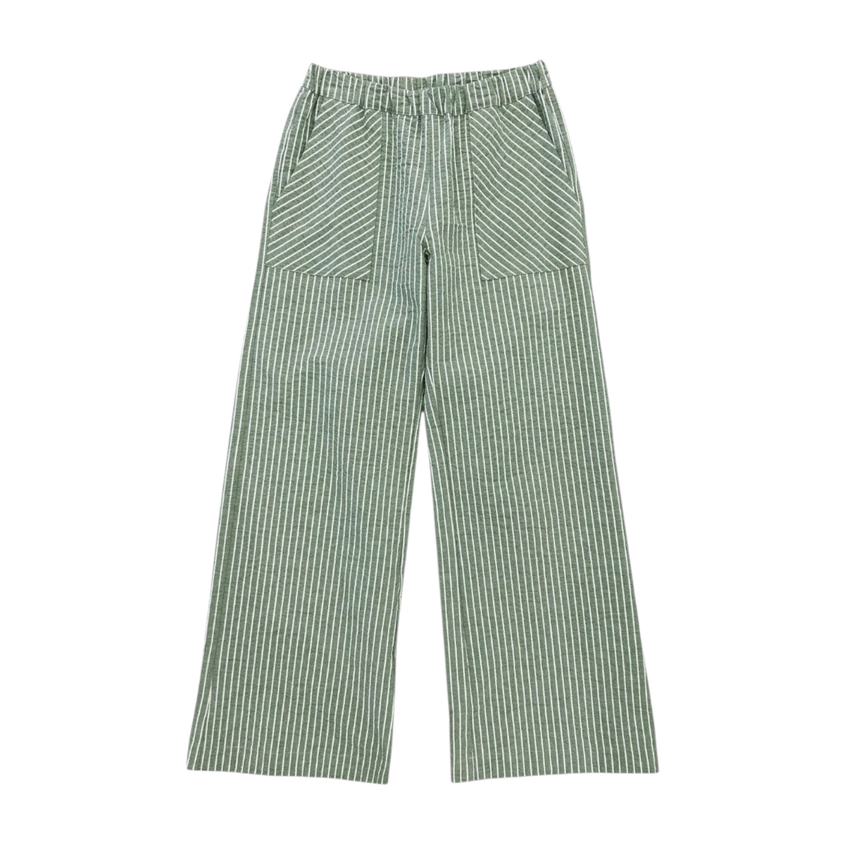 The Tiny Finch Miley cactus green striped wide-leg pants with an elastic waistband and front patch pockets.