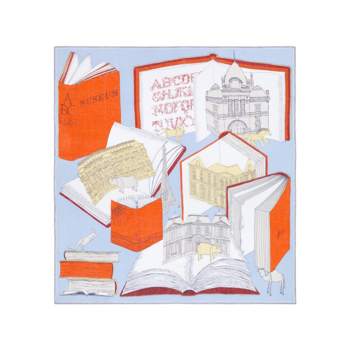 The Tiny Finch Scarf Museum Red in 100% cotton featuring illustrated open books and architectural landmarks.