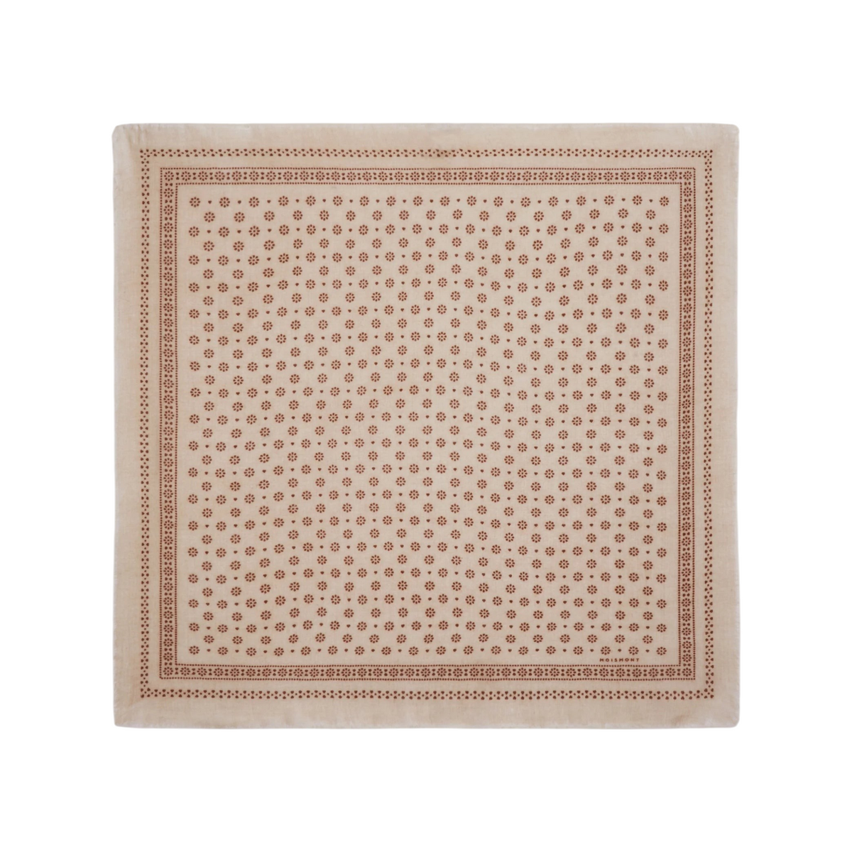 The Tiny Finch Moismont Olaf wool scarf in beige with a brown floral bandana pattern and delicate fringed edges.