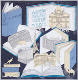 The Tiny Finch navy blue cotton scarf featuring a whimsical museum and book-themed print with architectural illustrations