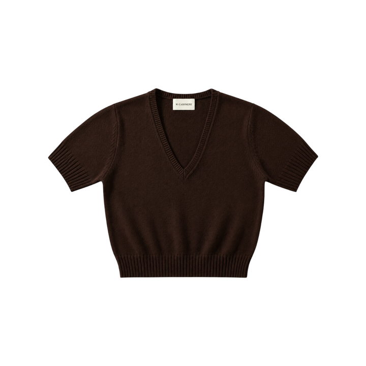 The Tiny Finch Eira brown short sleeve V-neck sweater in pure cashmere with ribbed hem and neckline details.