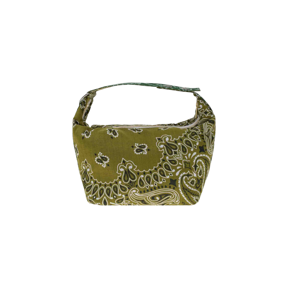 The Tiny Finch green cotton Mini Berlingot bag with a paisley bandana print, zipper closure, and adjustable handle.