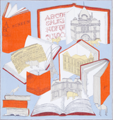 The Tiny Finch Museum scarf in red and light blue, featuring illustrated books, architecture, and animals on cotton.