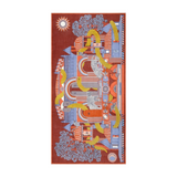 The Tiny Finch Scarf Nicolas Autumn in washable wool featuring a detailed architectural print in rust and blue tones.