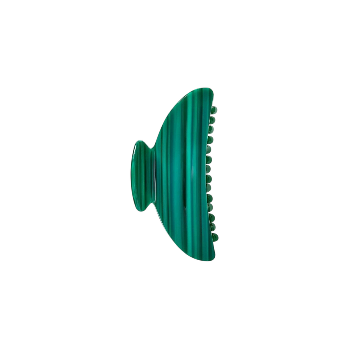 The Tiny Finch midi hair claw clip in green malachite patterned Italian acetate with reinforced stainless hardware.