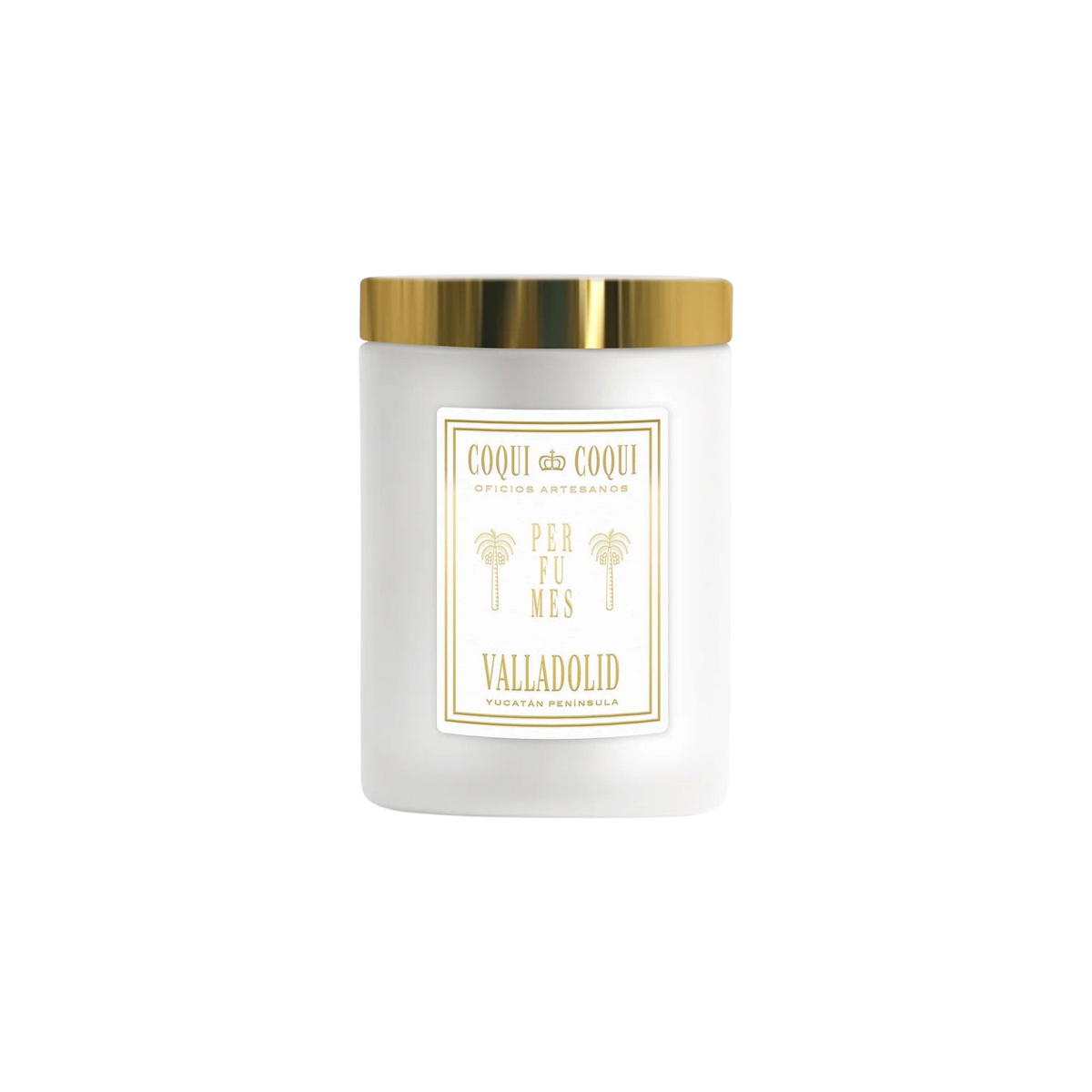 The Tiny Finch Coqui Coqui Agave candle in a white handmade ceramic vessel with a reflective gold plated lid.