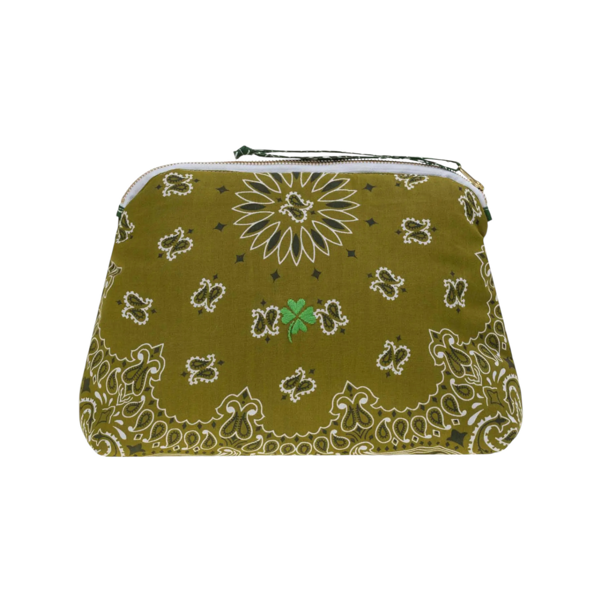 The Tiny Finch large green cotton vanity bag with white bandana print and hand-embroidered four leaf clover detail.
