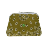 The Tiny Finch large green cotton vanity bag with white bandana print and hand-embroidered four leaf clover detail.