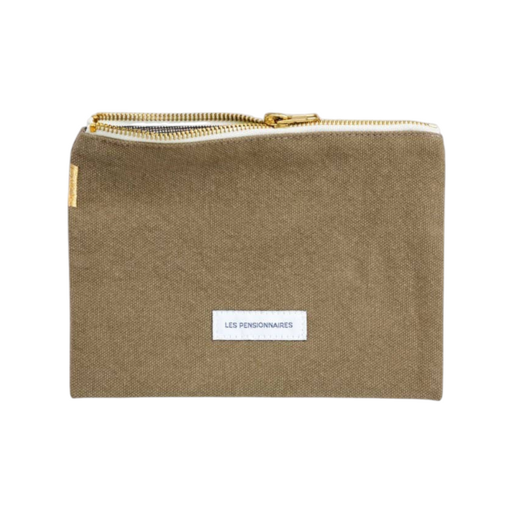 The Tiny Finch Les Pensionnaires small lime green organic cotton canvas pouch with a gold zipper and white label.